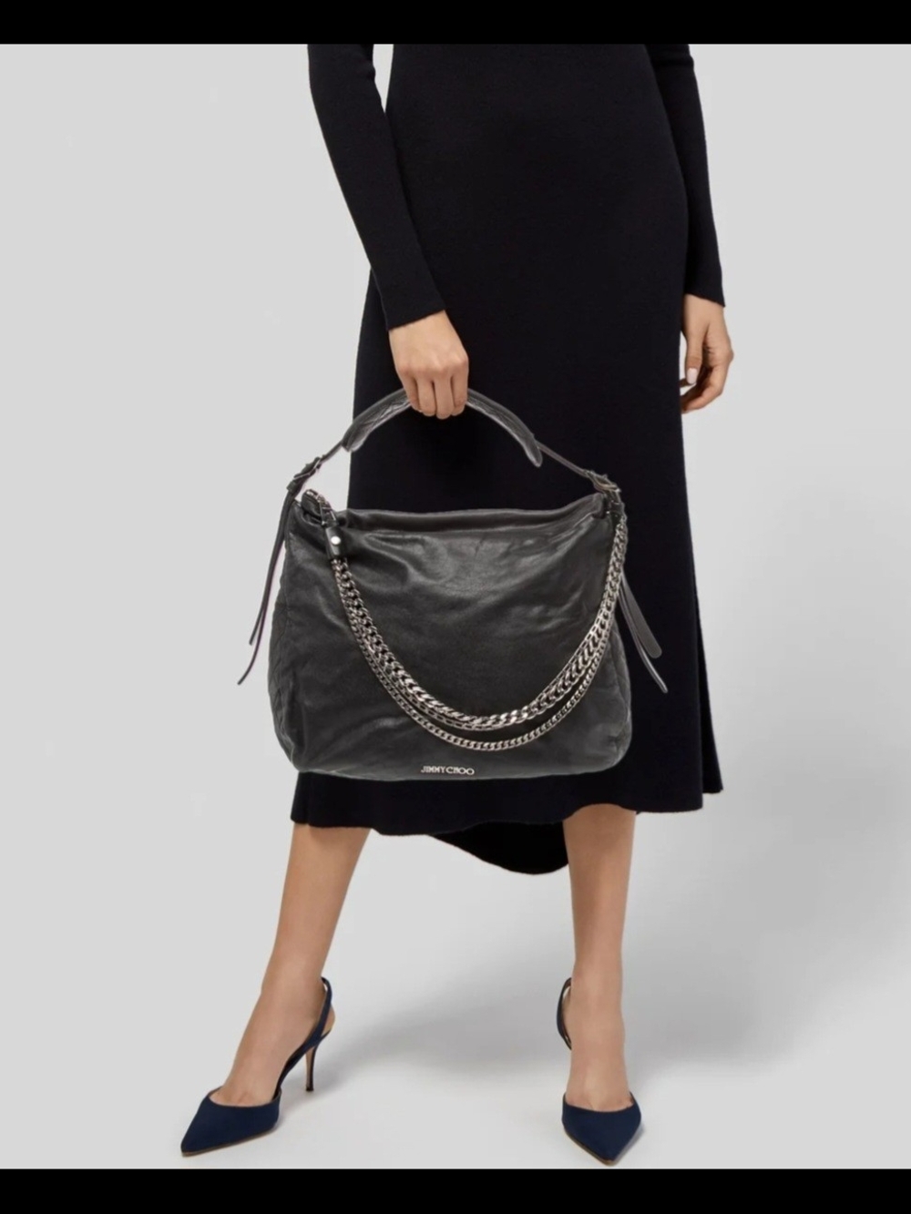 Jimmy Choo Hobo Black Leather w/Silver Chainlink Shoulder Straps $800 VERY GOOD